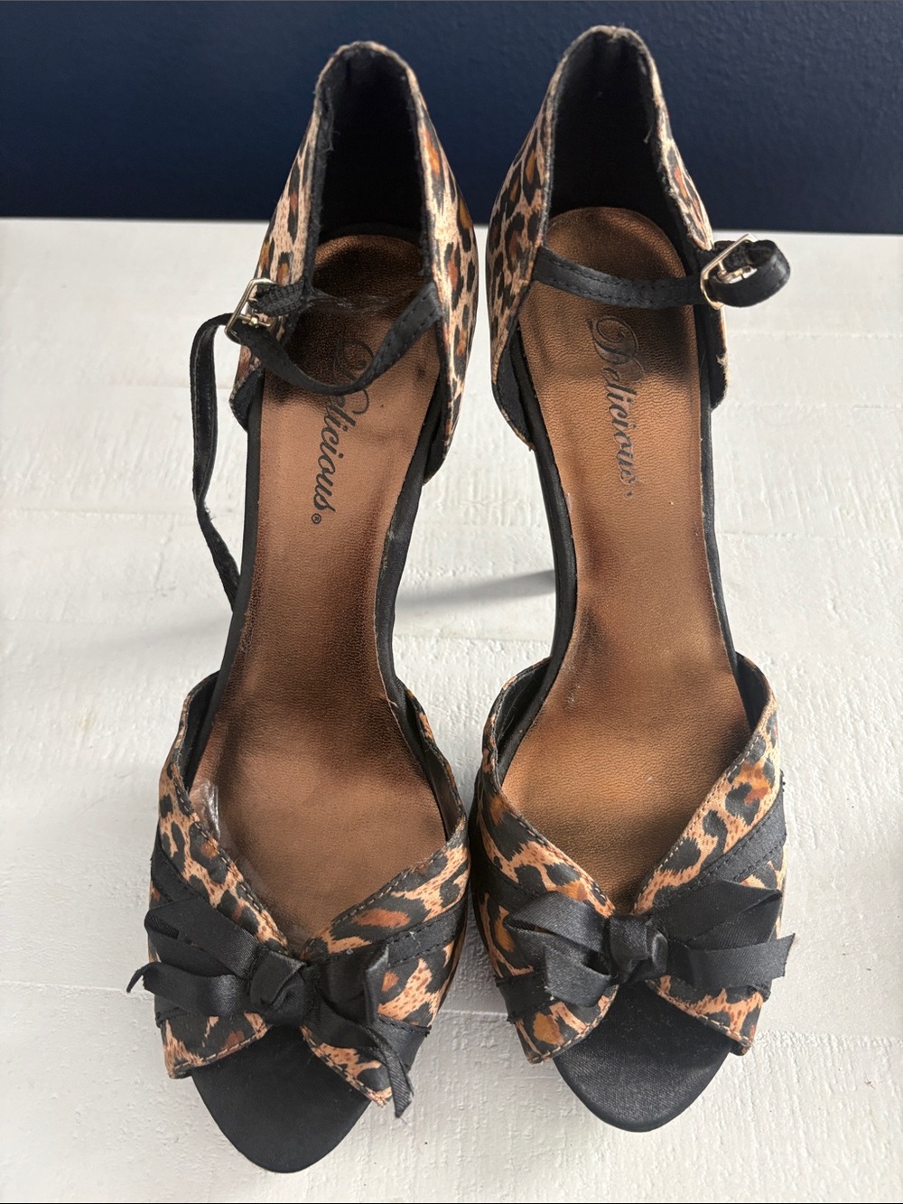 Delicious Black and Leopard Print Peep-Toe Ankle-Strap Heels